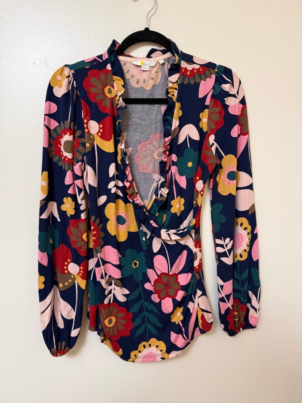 Boden Womens Elodie Floral Long Sleeve Ruffle Faux Wrap Blouse